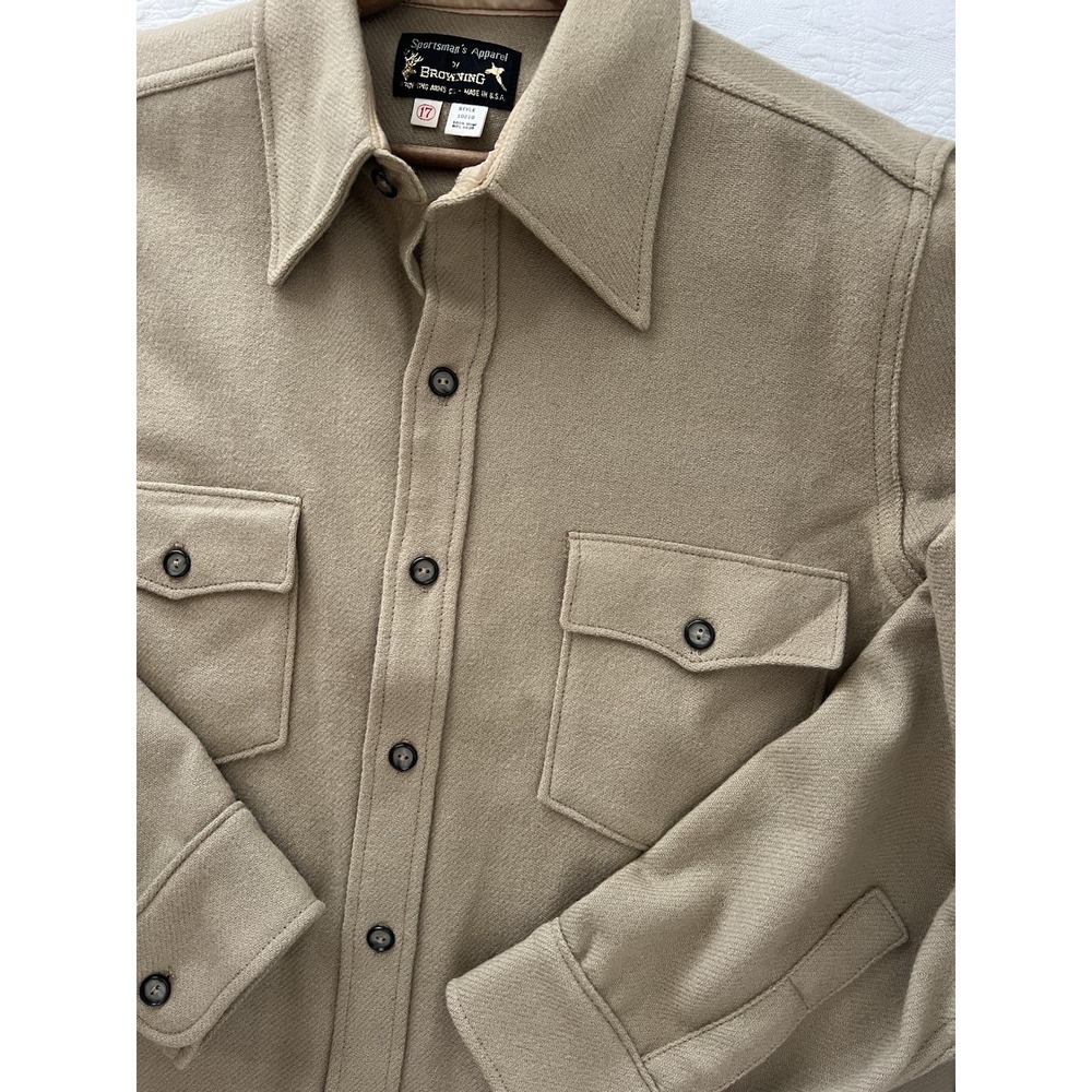 Vintage 70's Browning Wool Arms Sportsman's Apparel Hunting Shirt XL 17 USA Tan